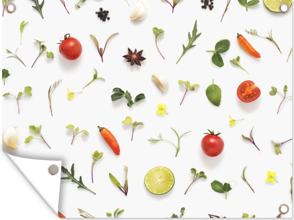 MuchoWow 120x90 cm Outdoor-Poster Gartendeko Sichtschutz Garten Poster für den Garten Flachgelegte Früchte, Gemüse, Gewürze und Kräuter