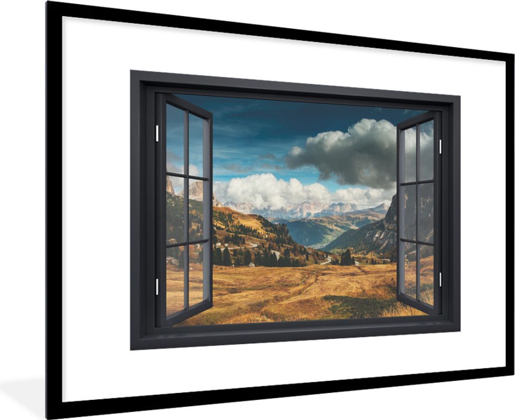 MuchoWow MuchoWow Gerahmtes Poster Aussicht - Weg - Berg 90x60 cm - Poster mit zchwarzem Bilderrahmen - Wanddekoration - Fotos