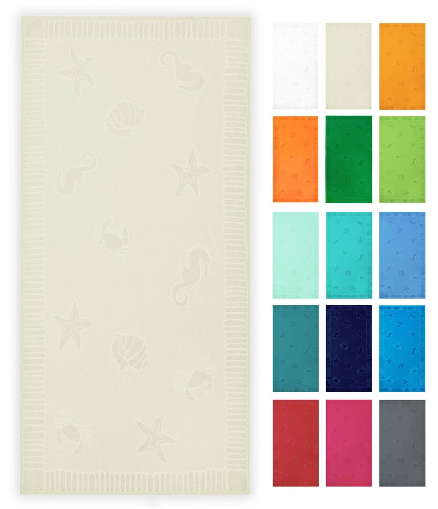 Strandtuch XXL aus Baumwolle, 100x200 cm, beige mit Meerestiermotiven