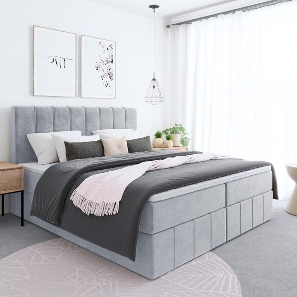 Bett REGI Topper VISCO Boxspringbett mit Bettkästen - Doppelbett, Stauraum, Schlafzimmer, Polsterbett, Bettgestell (160x200, Hellgrau - Itaka 51)