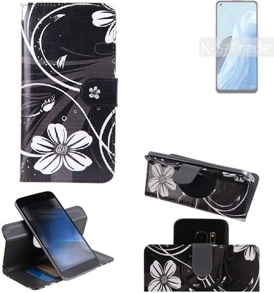 K-S-Trade Schutzhülle Handyhülle kompatibel mit Oppo Reno7 A 5G Hülle 360° Wallet Case ''Flowers'' Klapphülle Hülle schwarz-weiß 1x
