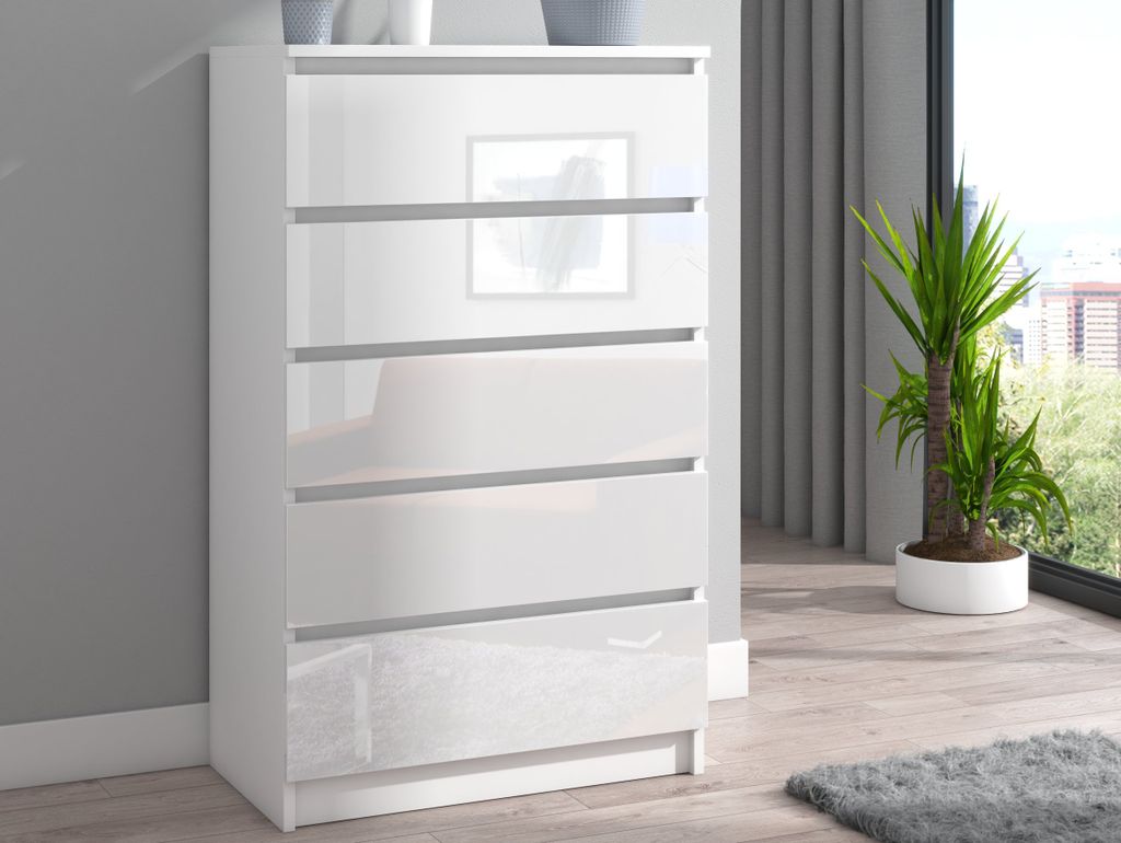 Roe Furniture Kommode, Weiß Hochglanz, 60 cm, mit 5