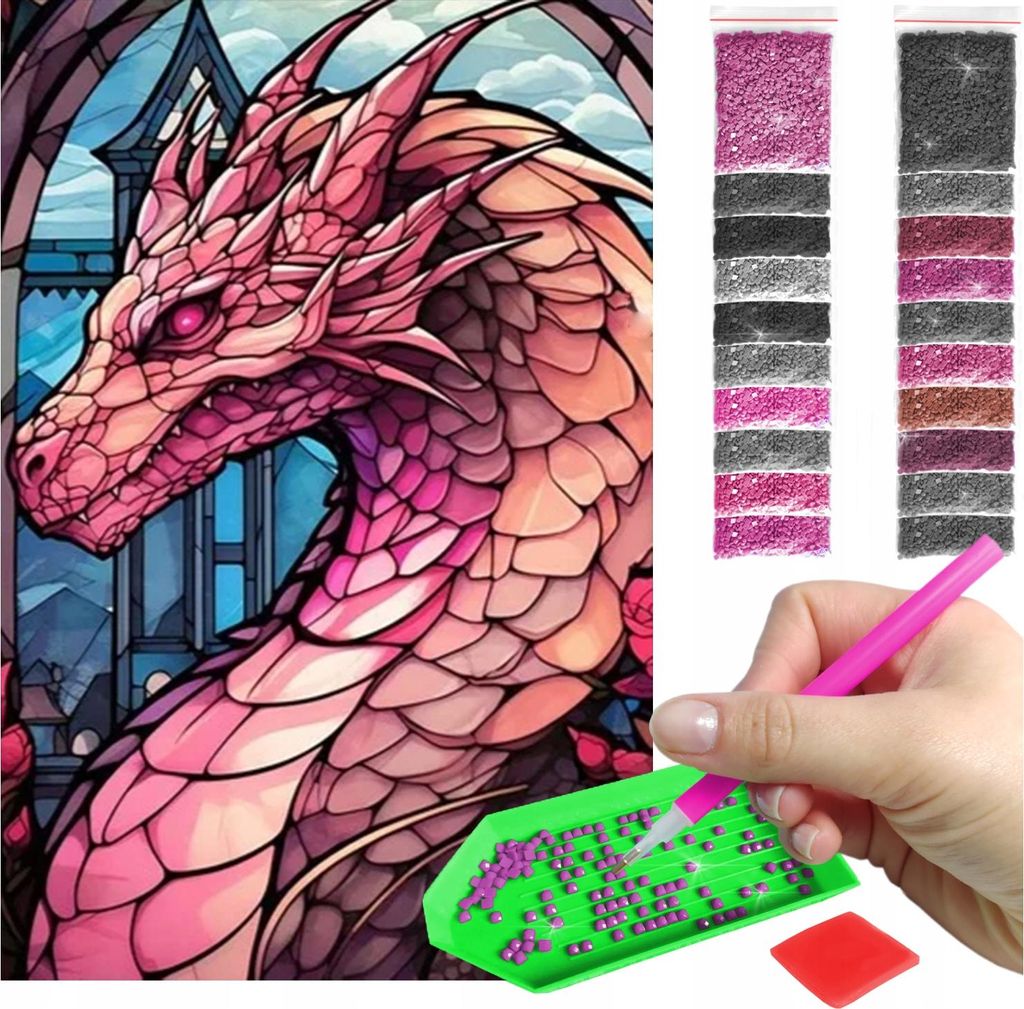 ARTULIO - Diamond Painting Set - Rosa Fantasy Drache im Glasfenster Stil - 60 x 40 cm - Groß XXL - Eckige quadratische Steine, Square Diamond - 5D...
