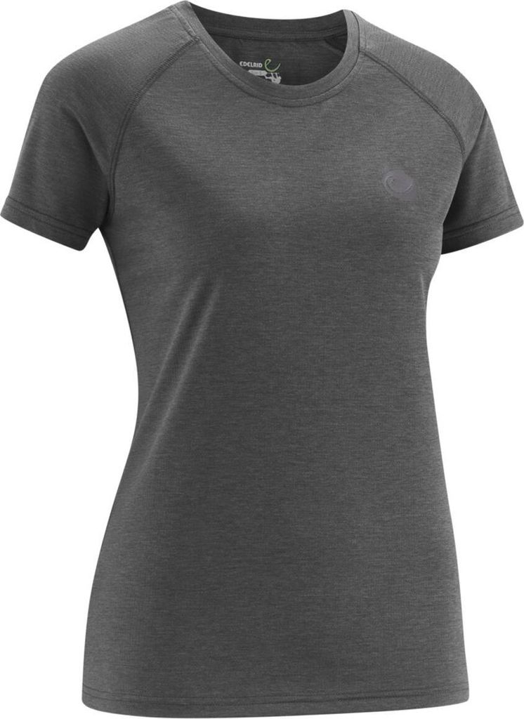 Dunkelgraues T-Shirt für Damen von Edelrid; Modell Esperanza; mit kurzen Ärmeln und Raglan-Schnitt.