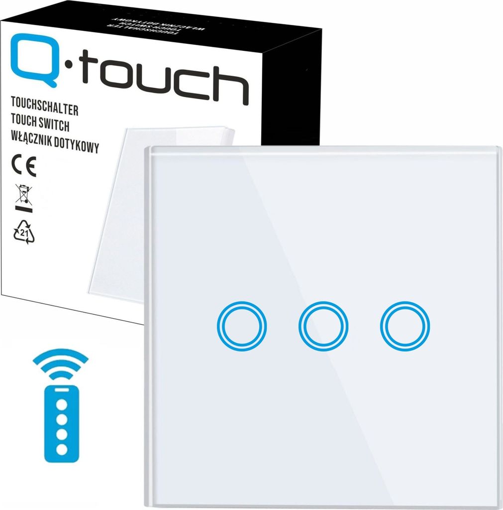 Glas Touch Lichtschalter Wandschalter 3-Fach Schalter LED weiß mit Fernbedienungsfunktion