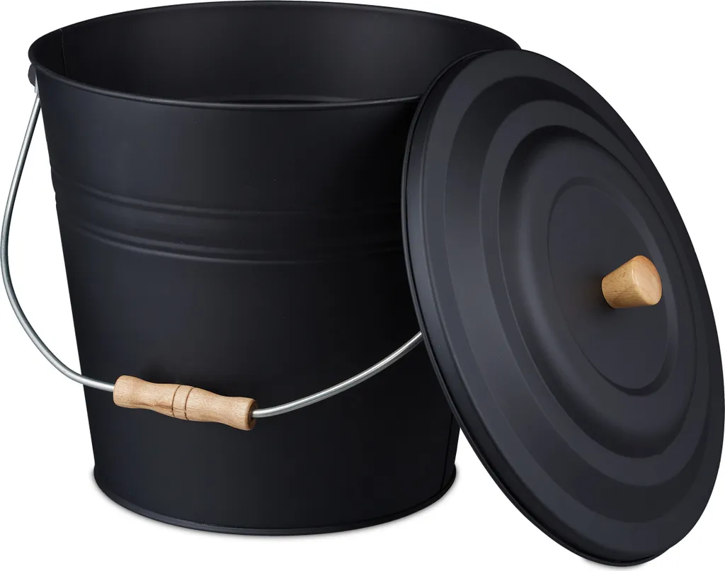 Relaxdays Secchio in Acciaio 12L per Cenere e Pellet - Nero Opaco