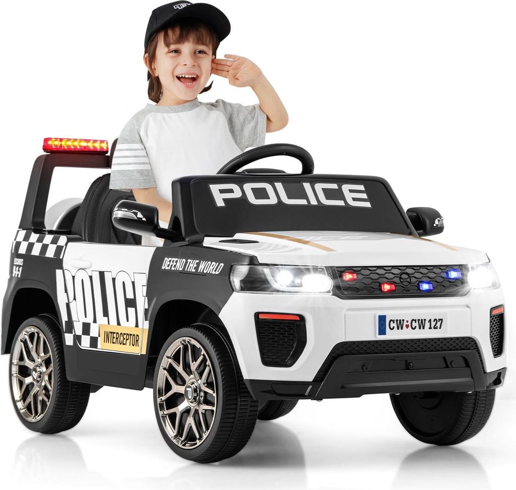 GOPLUS Kinder Polizei Auto, 12V elektrisches Kinderauto mit Fernbedienung, LED-Licht, drahtloser Verbindung, Kinderfahrzeug für Kinder ab 3 Jahren