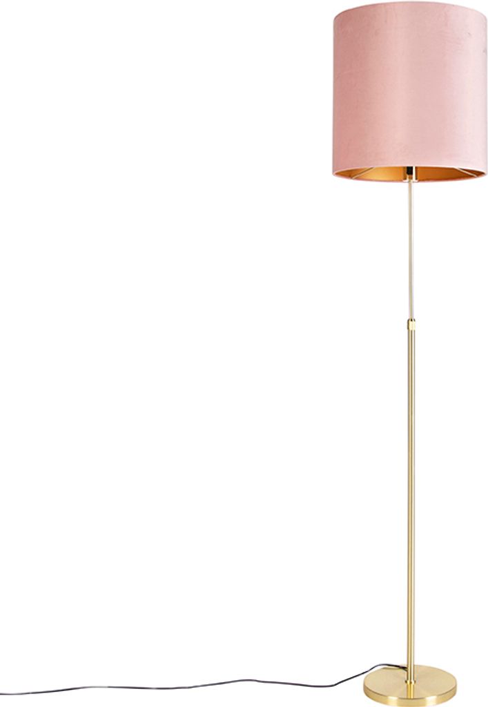 QAZQA - Landhaus I Vintage I Rustikal Stehleuchte I Stehlampe I Standleuchte I Lampe I Leuchte Gold I Messing I messing mit Veloursschirm pink 40I4...