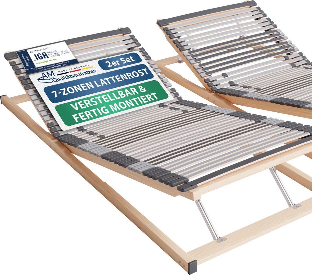 AM Qualitätsmatratzen | Ergonomischer 7-Zonen Lattenrost | 200x200 cm (2x 100x200 cm) | fertig montiert geliefert | verstellbar | 44 Federholzleis...