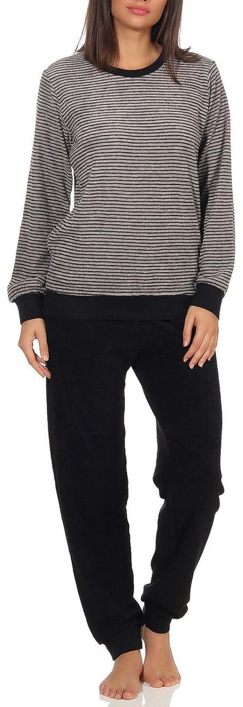 Damen Frottee Pyjama Schlafanzug mit Bündchen in eleganter Streifenoptik - 291 201 13 781 ; grau-melange , 48