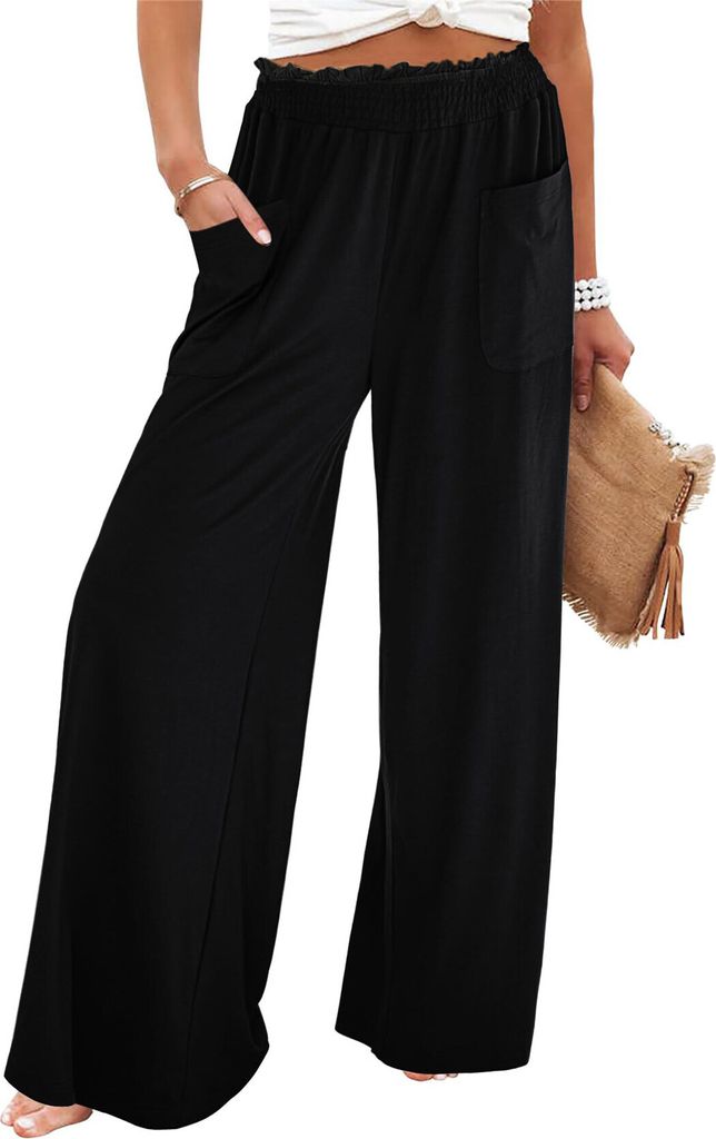 ASKSA Damen Weite Bein Hose Hohe Taille Palazzo Sommerhose Einfarbig Lockere Elegante Strandhose Freizeithose mit Taschen (Schwarz,S)