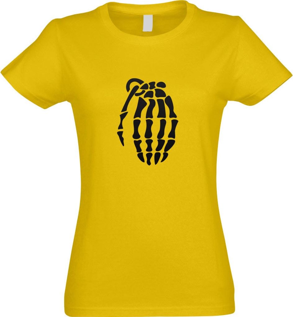 Kiwistar - T-Shirt tailliert - Damen - gelb - Knochen Skelett Handgranate - mit Motiv Bedruckt - Funshirt Design - Sport - Freizeit - Damen - XXL