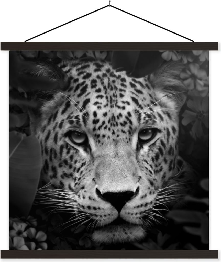 MuchoWow Textilposter Dschungel - Panther - Wilde Tiere - Schwarz - Weiß 90x90 cm mit schwarzem Rahmen - Magnetisches