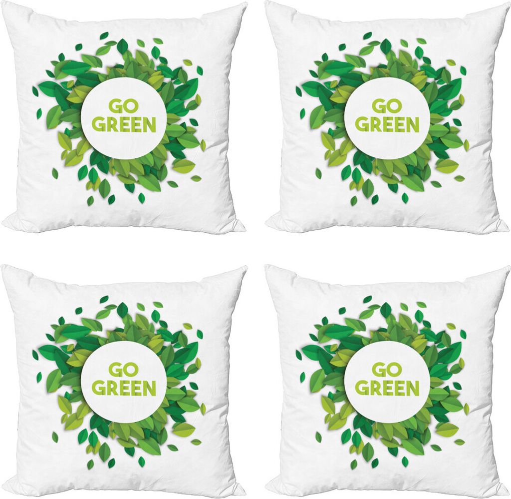ABAKUHAUS Sprichwort Kissenbezug Set (4 Stück), Go Green Eco Awareness, Moderner Doppelseitiger Digitaldruck, 45 cm x 45 cm, Apfelgrün Farn-Grün