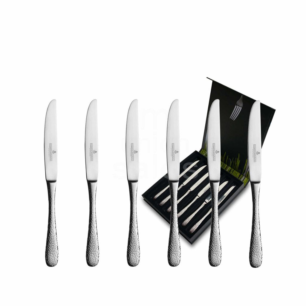 Six knives are arranged in front of a black gift box containing more knives.