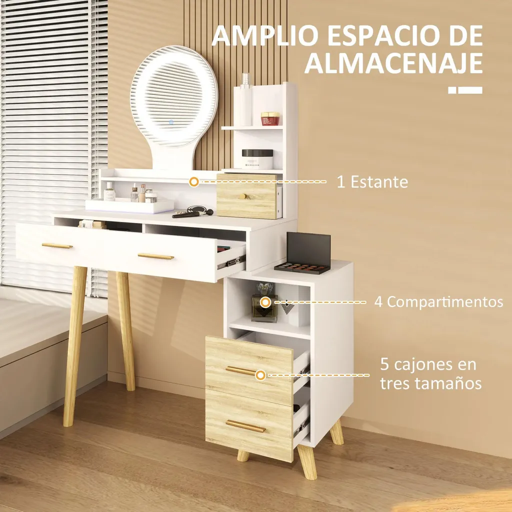 Coiffeuse avec miroir LED et luminosité réglable - Modèle Blanc Épure