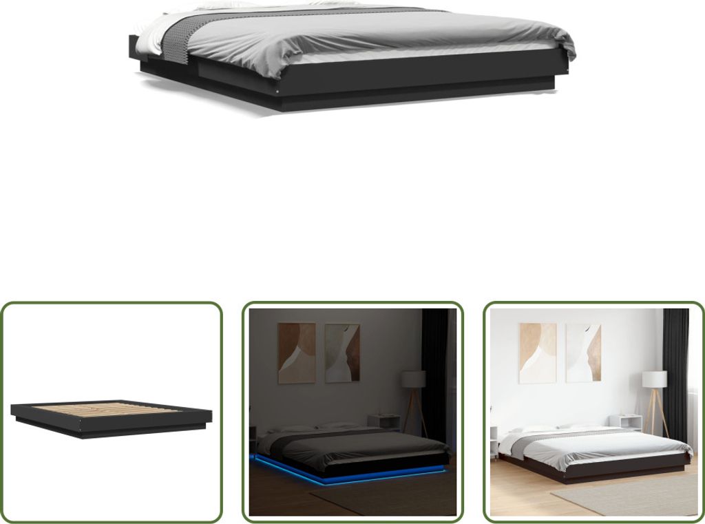 The Living Store Bettgestell mit LED Schwarz 160x200 cm Holzwerkstoff