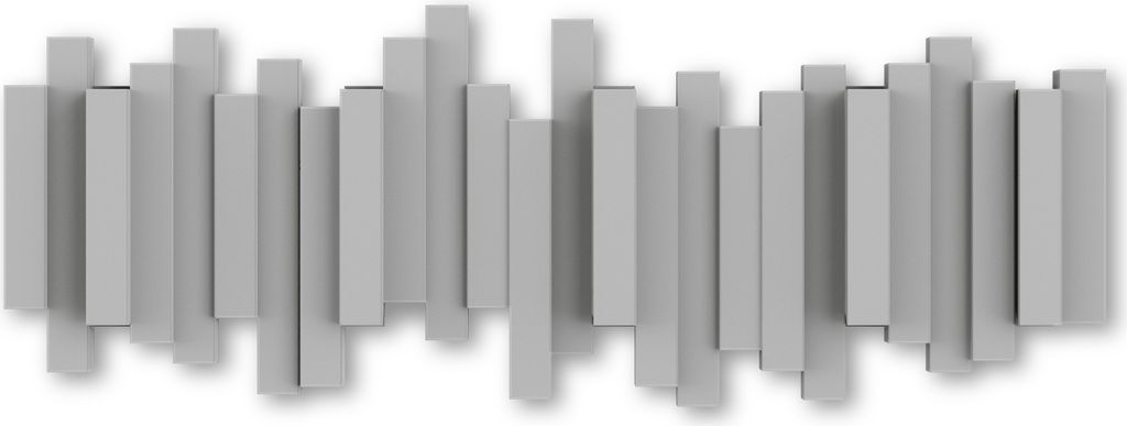 A gray coat rack with multiple movable hooks, arranged in a staggered pattern against a white background.