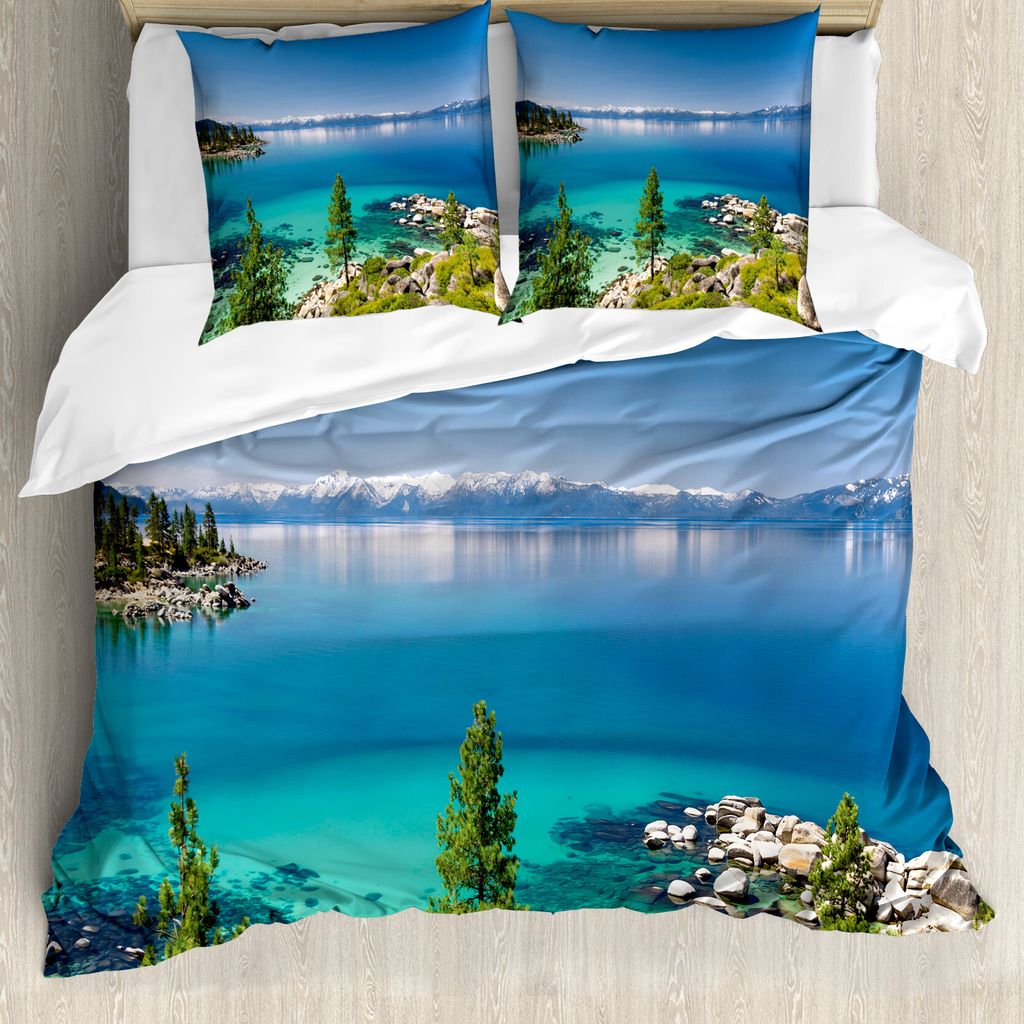 ABAKUHAUS Blau Bettbezug, Ruhige Tahoe Küstenlinie, Milbensicher Allergiker geeignet mit Kissenbezügen, 155 cm x 220 cm - 80 x 80 cm, Blau, Grau,...