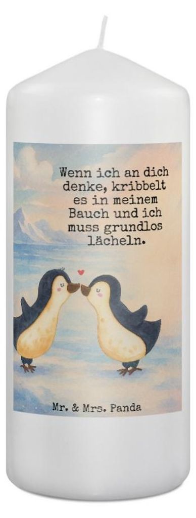 Mr. & Mrs. Panda Kerze Pinguine Kuss Design 19 x 8 cm - Weiß - Geschenk, Hochzeitstag, Jahrestag, für Frauen, Freundin, Blockkerze, Valentinstag,...