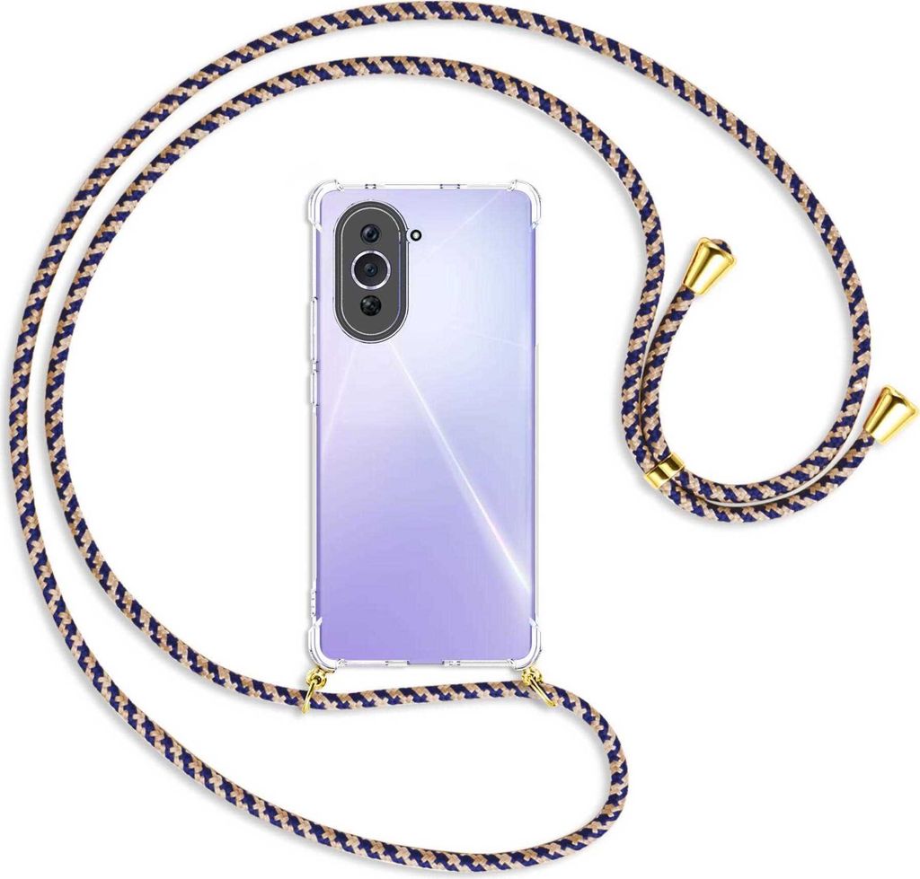 Handykette Backcover-Schutzhülle mit Band (Metall goldfarben) für Huawei nova 10 (NCO-AL00, 6.67'') - blau+beige