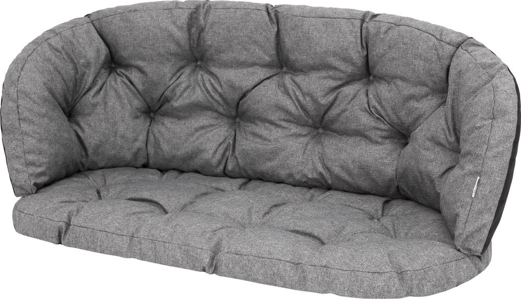 A gray cushion set for outdoor furniture.