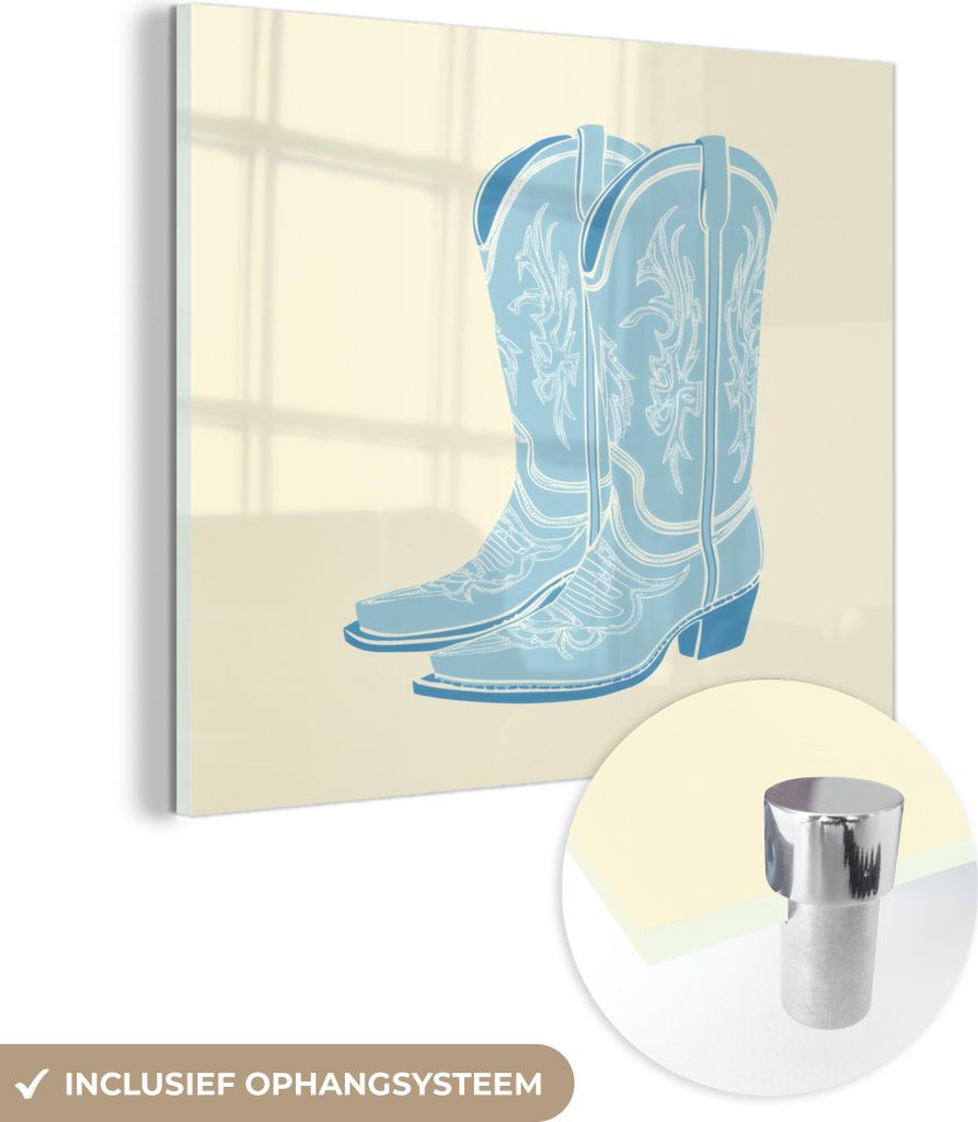 MuchoWow Glasbilder - Bilder auf Wandbild - Foto auf Glas Illustration - Cowboystiefel - Muster 40x40 cm Wanddekoration aus Glas - Acrylglasbild - ...