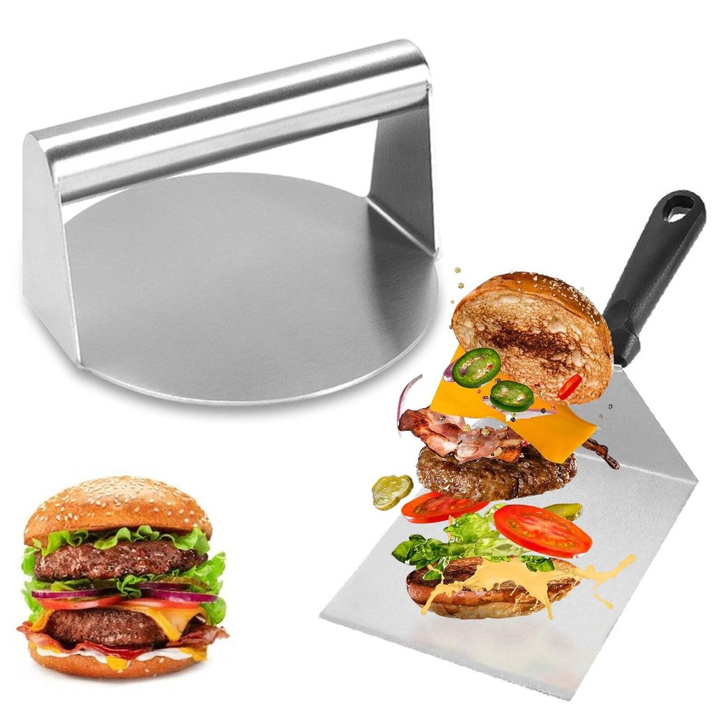 Smash Burgerpresse, 15,7 cm, Edelstahl, mit Burgerwender, für flache Grillplatten und Bratpfannen, Pizzawender, Grillzubehör