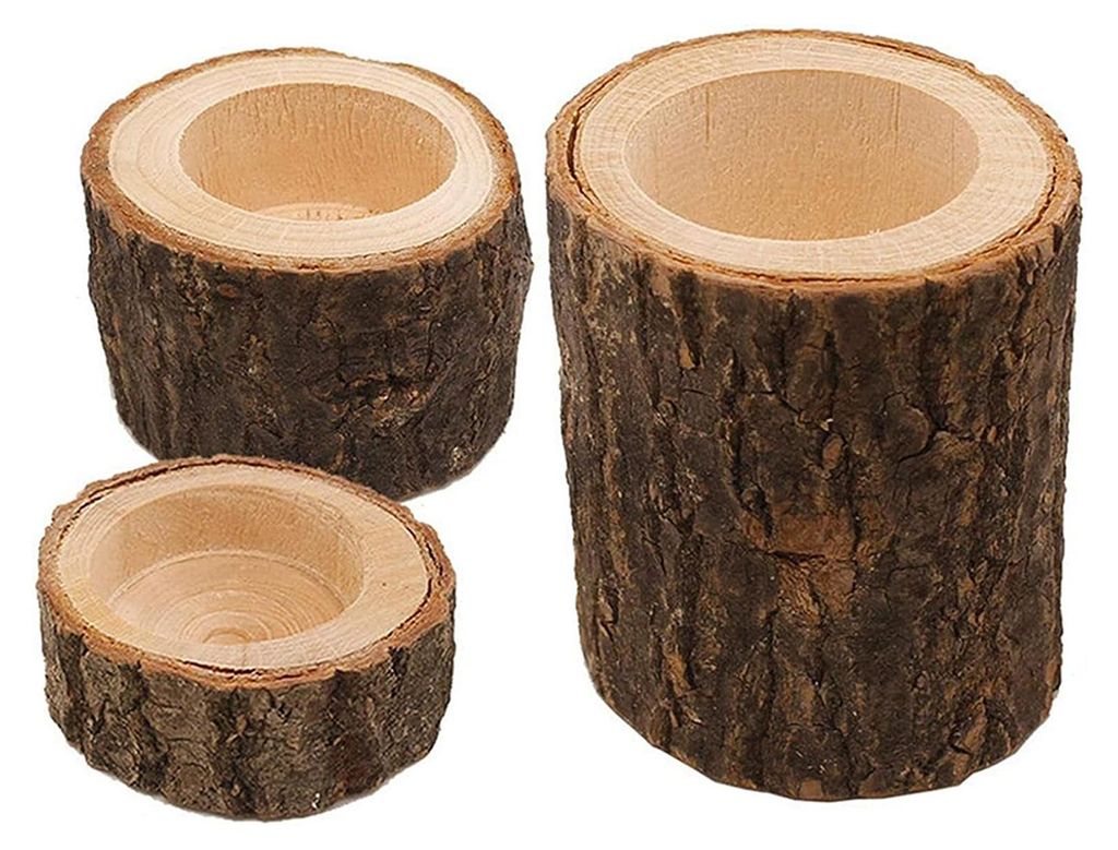 3er-Set Kerzenhalter aus Holzstumpf, rustikale Teelichthalter, Landhausstil, Wohnzimmer, Badezimmer, Kerzenständer, Tischdekoration, Ornament A