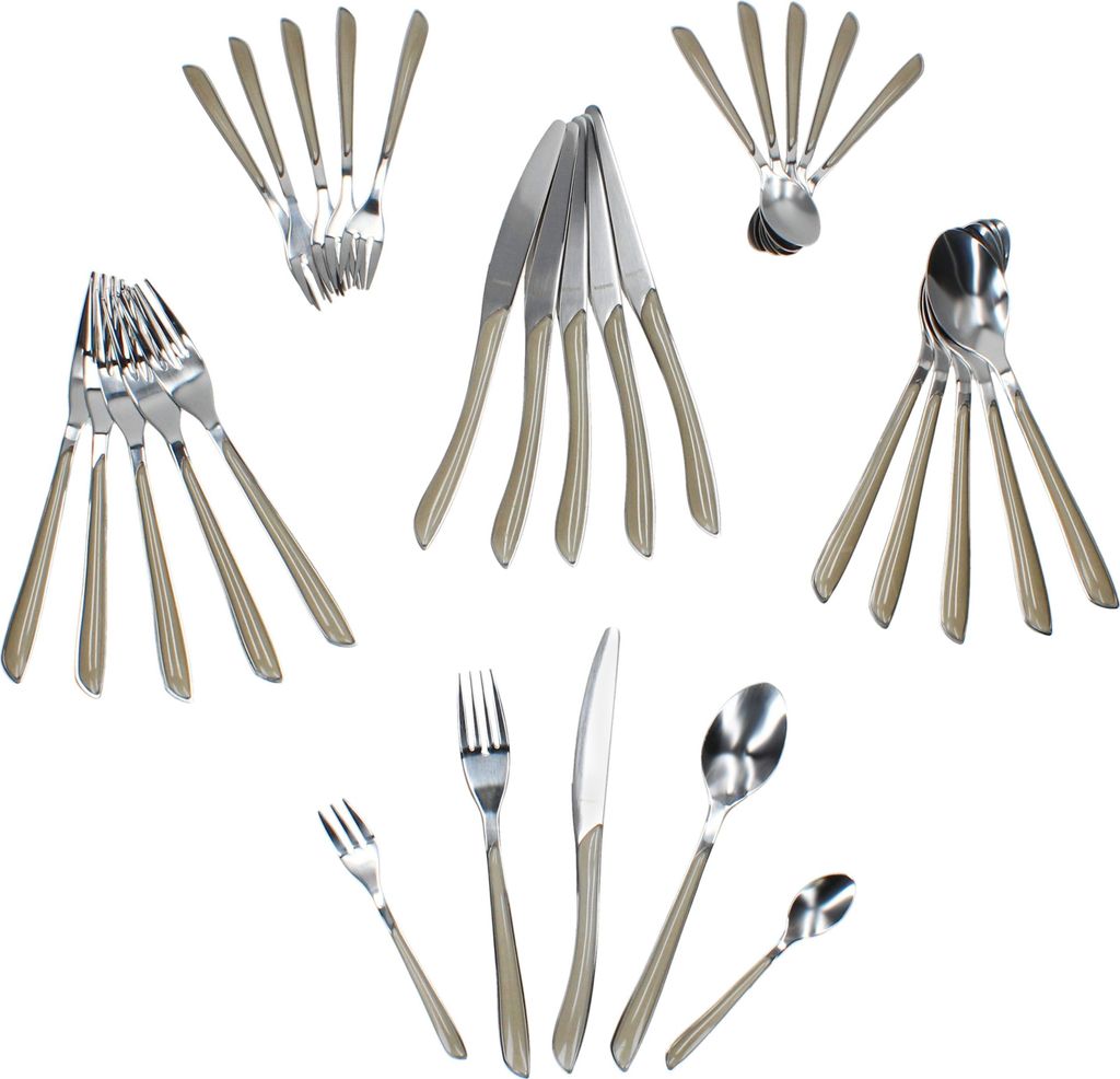A collection of cutlery sets arranged in a fan-like pattern against a white background.