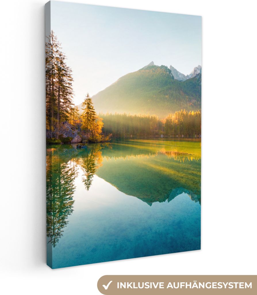 MuchoWow - Leinwandbilder - See - Wald - Berge - Natur - Sonne - Landschaft, Wandbild, Wanddeko Bilder Wohnzimmer, 40x60 cm