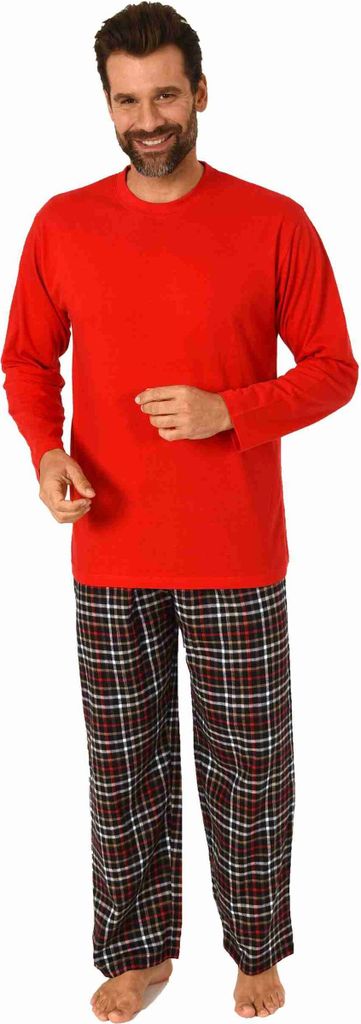 Herren Schlafanzug Pyjama langarm mit Flanell Hose, Oberteil unifarben - 222 101 10 872 ; rot , 56