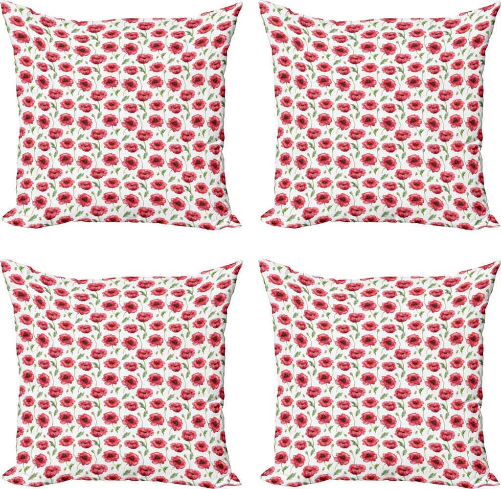 ABAKUHAUS Mohn Kissenbezug Set (4 Stück), Aquarelle Blossom Zier, Moderner Doppelseitiger Digitaldruck, 45 cm x 45 cm, Coral Grün Weiß