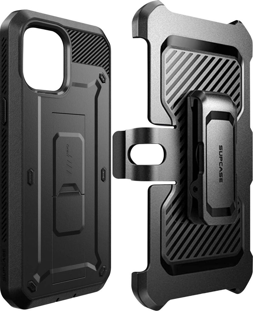 A black phone case and holster are displayed against a white background.