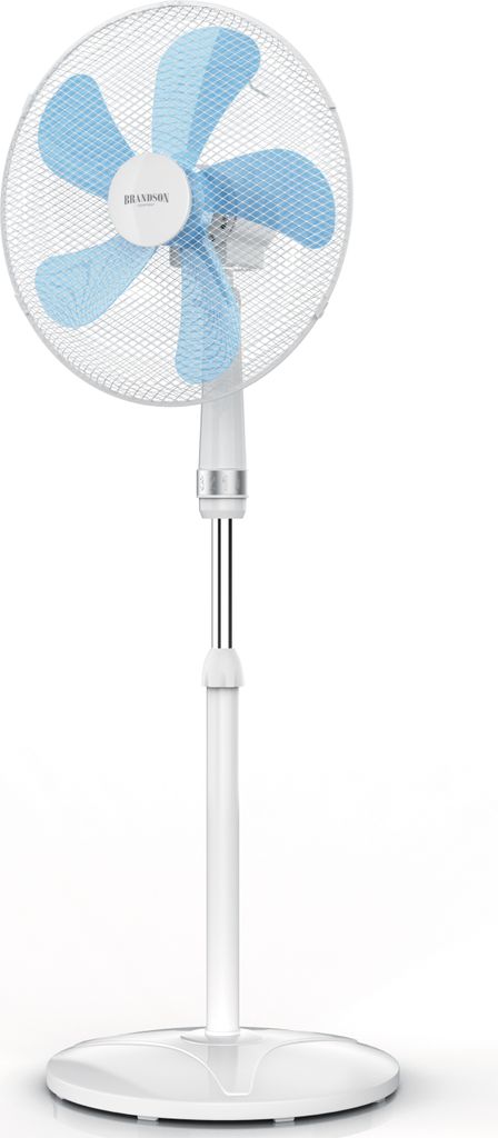 A white stand fan with blue blades, shown against a white background.