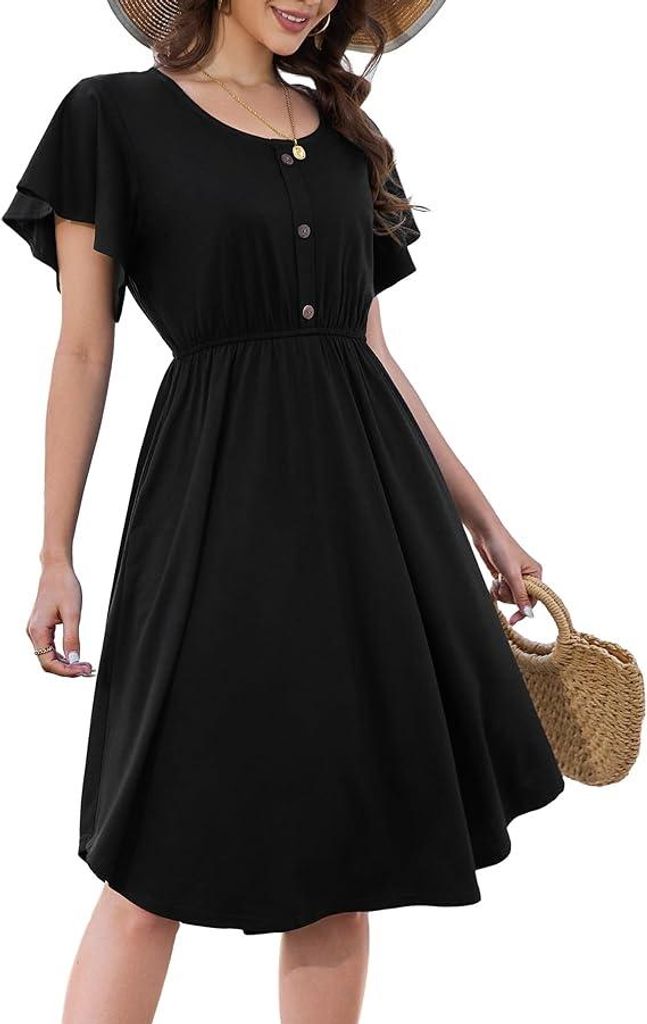 Beluring Sommerkleid Swing Midi Kurzarm mit Taschen Schwarz S