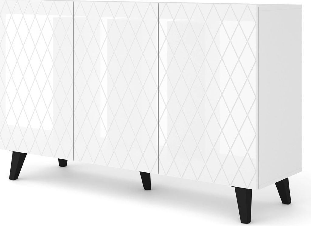 Kommode DIUNA 3D 145 cm auf Beinen WEIß MATT / WEIß GLANZ 3 Türen Sideboard Highboard Schrank Büfett
