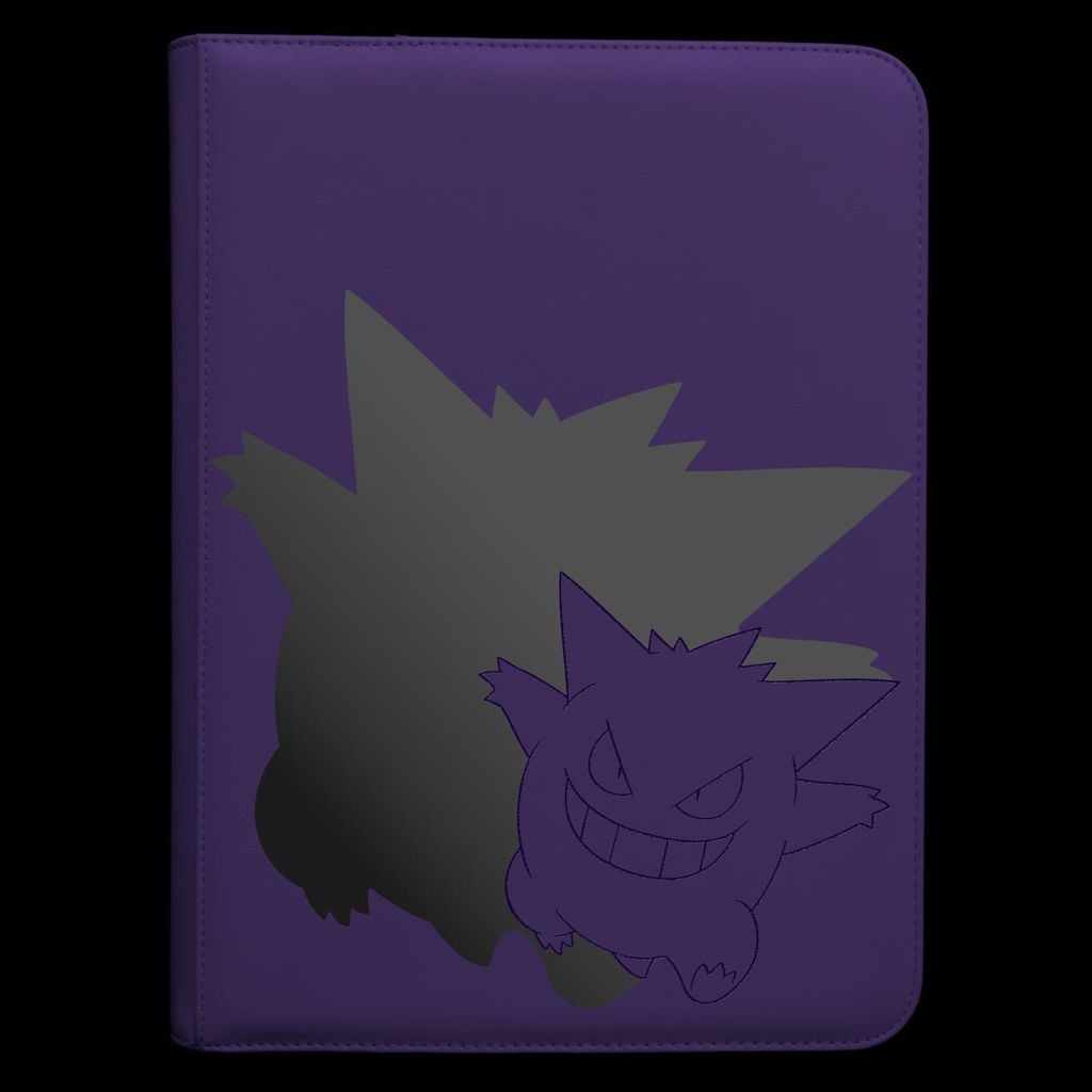 A purple binder with a Gengar graphic on it.