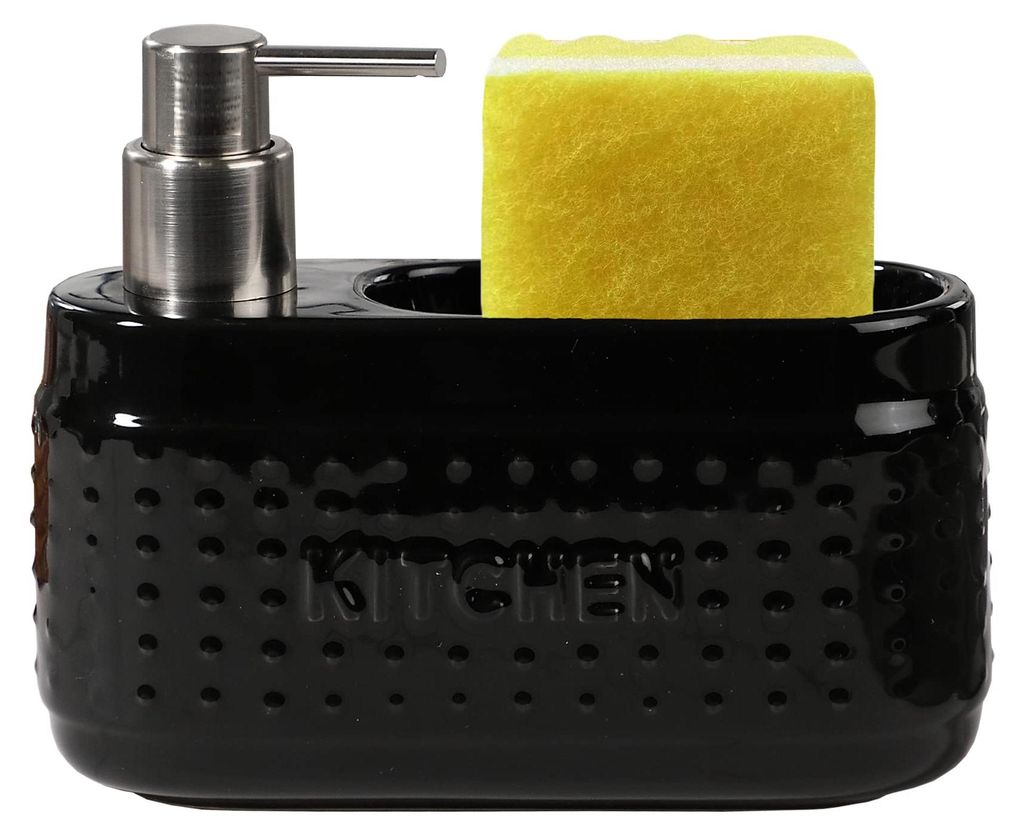 Schwarzer Spülmittelspender für die Spüle. Keramik-Spülmittelspender mit Schwammhalter, 600 ml, großes Fassungsvermögen.