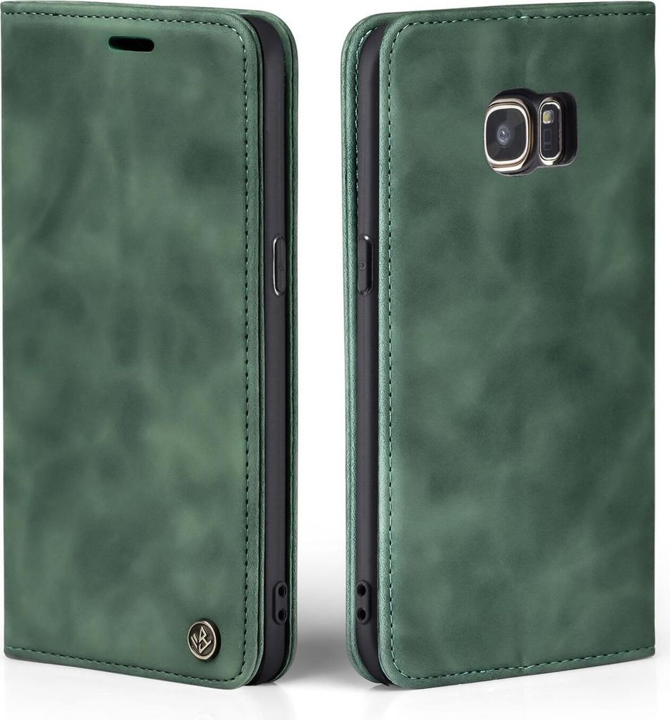 A green flip cover phone case for a Samsung Galaxy S7 edge is shown from two angles.