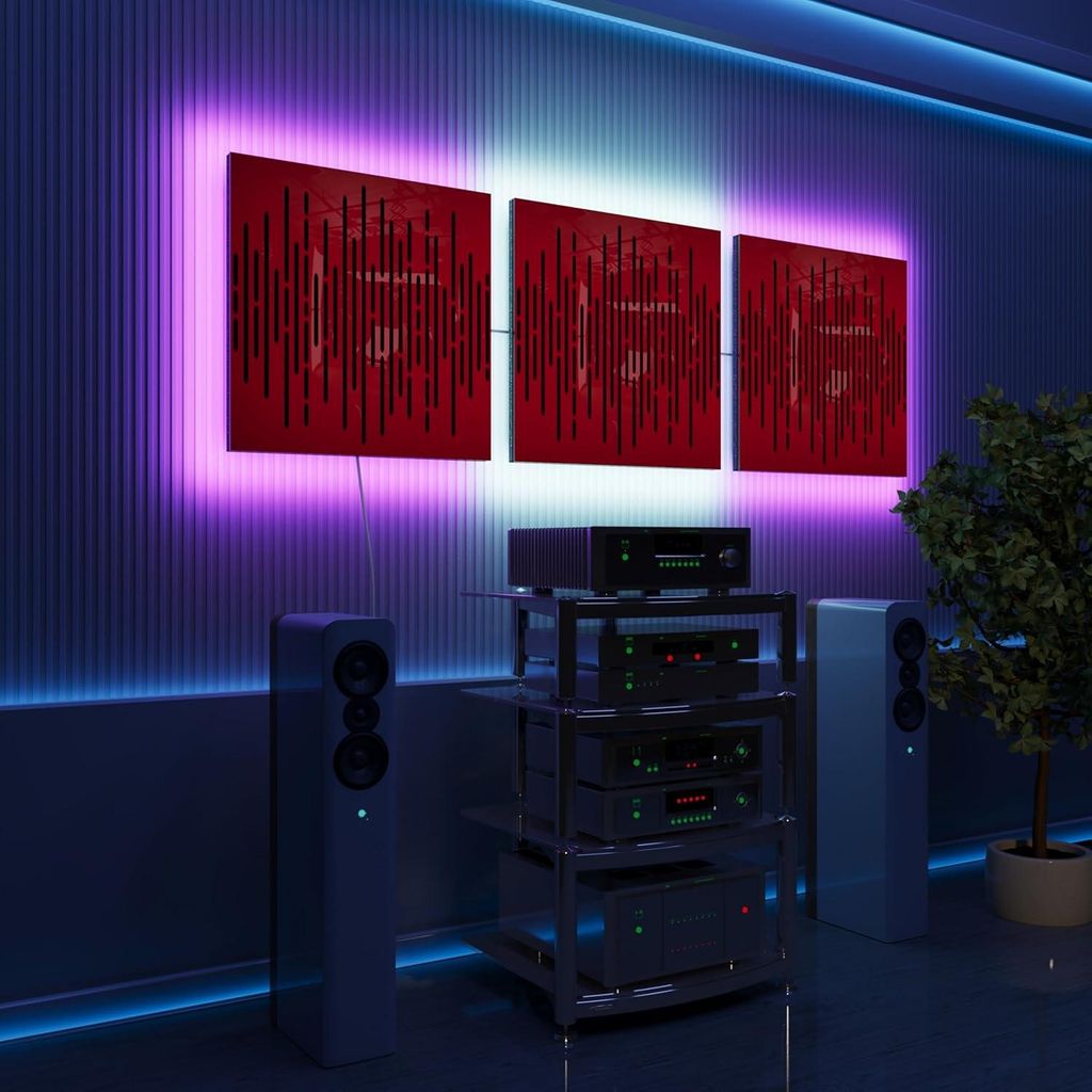 3er-Pack-LED Akustikwandpaneele mit RGB Glow für Echo Control | Schallabsorbierende Paneele mit Backlight |3x WAVE - Separately|Roter Kunststoff