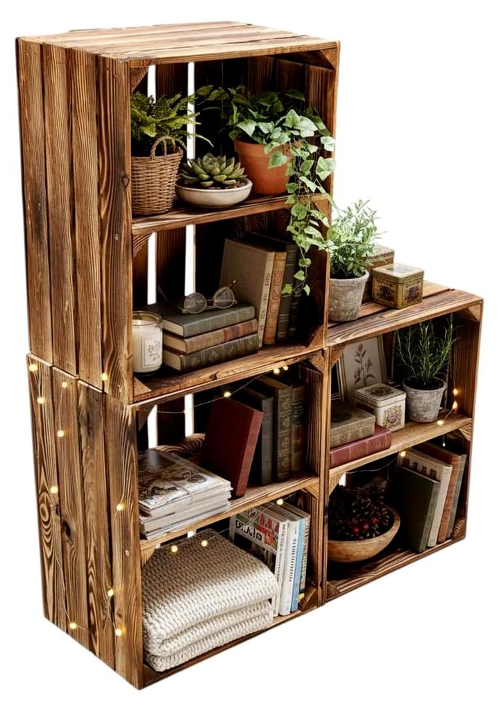 Flambierte Holzkisten als Bücherregal/Regalkisten 50 x 40 x 30 cm mit Ablagefach/Mittelbrett - massiv und stabil