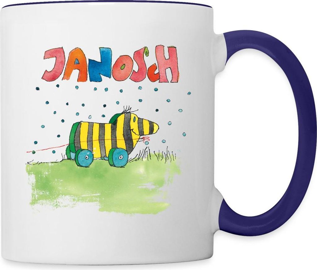 Spreadshirt Janosch Tigerente Schriftzug Tasse Zweifarbig, One size, Weiß/Kobaltblau