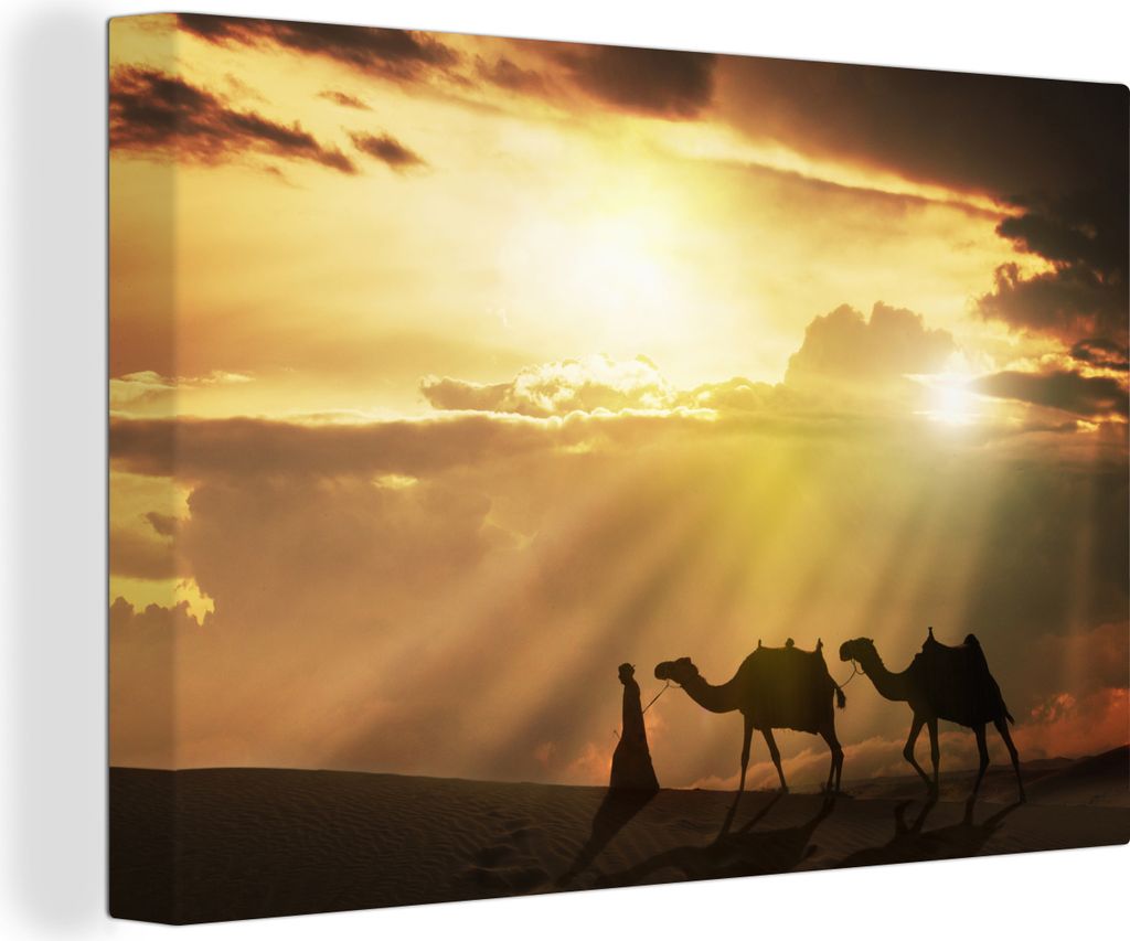 OneMillionCanvasses - Leinwandbilder - 140x90 cm, Arabischer Mann und Kamele bei Sonnenuntergang, Wandbilder Kunstdruck Wanddekoration - Foto auf...