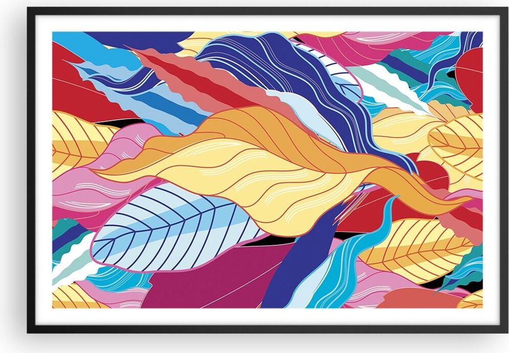 Gerahmtes Poster - Schwarzer Rahmen - Muster Blätter bunt - 91,5x61 cm - Wand Bild - Wanddeko - Wandbilder - Kunstposter - Wandposter - Bilderrahm...