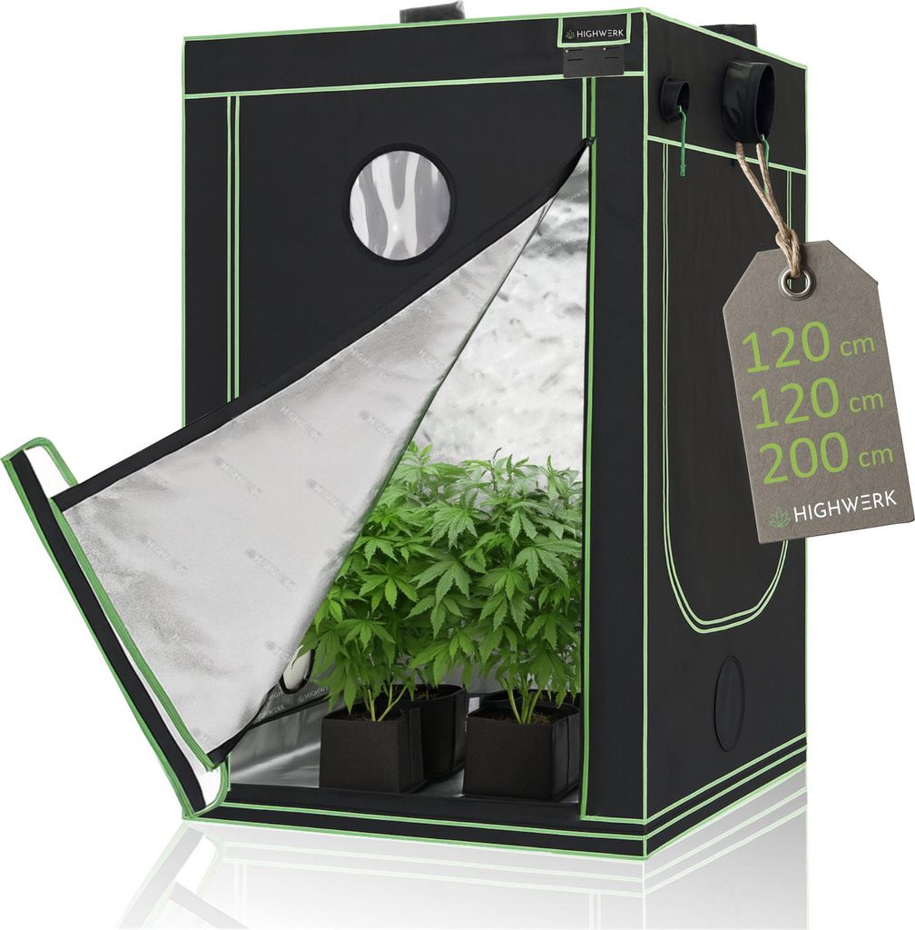 HIGHWERK Growzelt 120 x 120 x 200 cm, Indoor Grow tent, schwarz grün, Homegrow, Growschrank, Pflanzenzelt