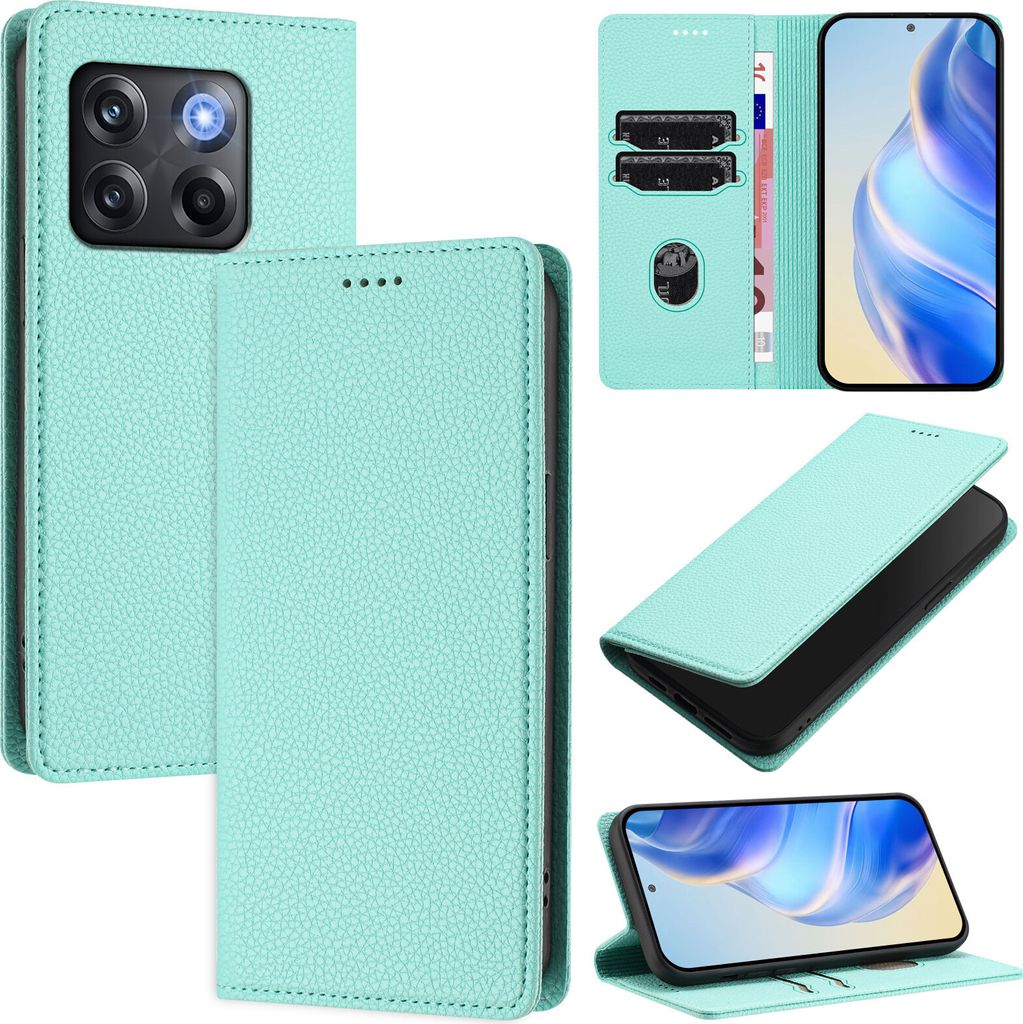 Litchi Leder Handyhülle für OnePlus 10T Wallet Kartenfächer Standfunktion Hülle Türkis