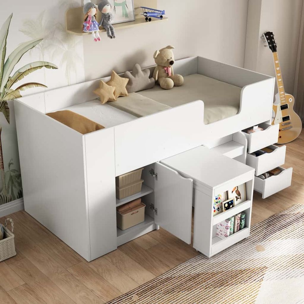 AIORBER Kinderbetten, 90 x 200 cm, mit Leiter, ausziehbarem Schreibtisch, großem Stauraum, herausnehmbarem Kleiderschrank, MDF, platzsparend, Weiß