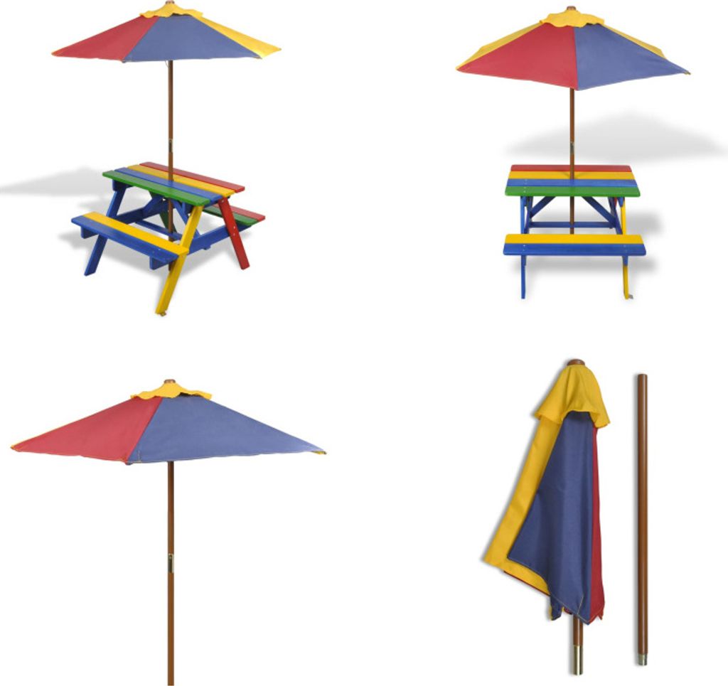vidaXL Kinder Picknicktisch mit Bänken Sonnenschirm Mehrfarbig Holz - Kinder Gartentisch - Kinder Gartentische - Kinder Picknicktisch - Kinderpick...