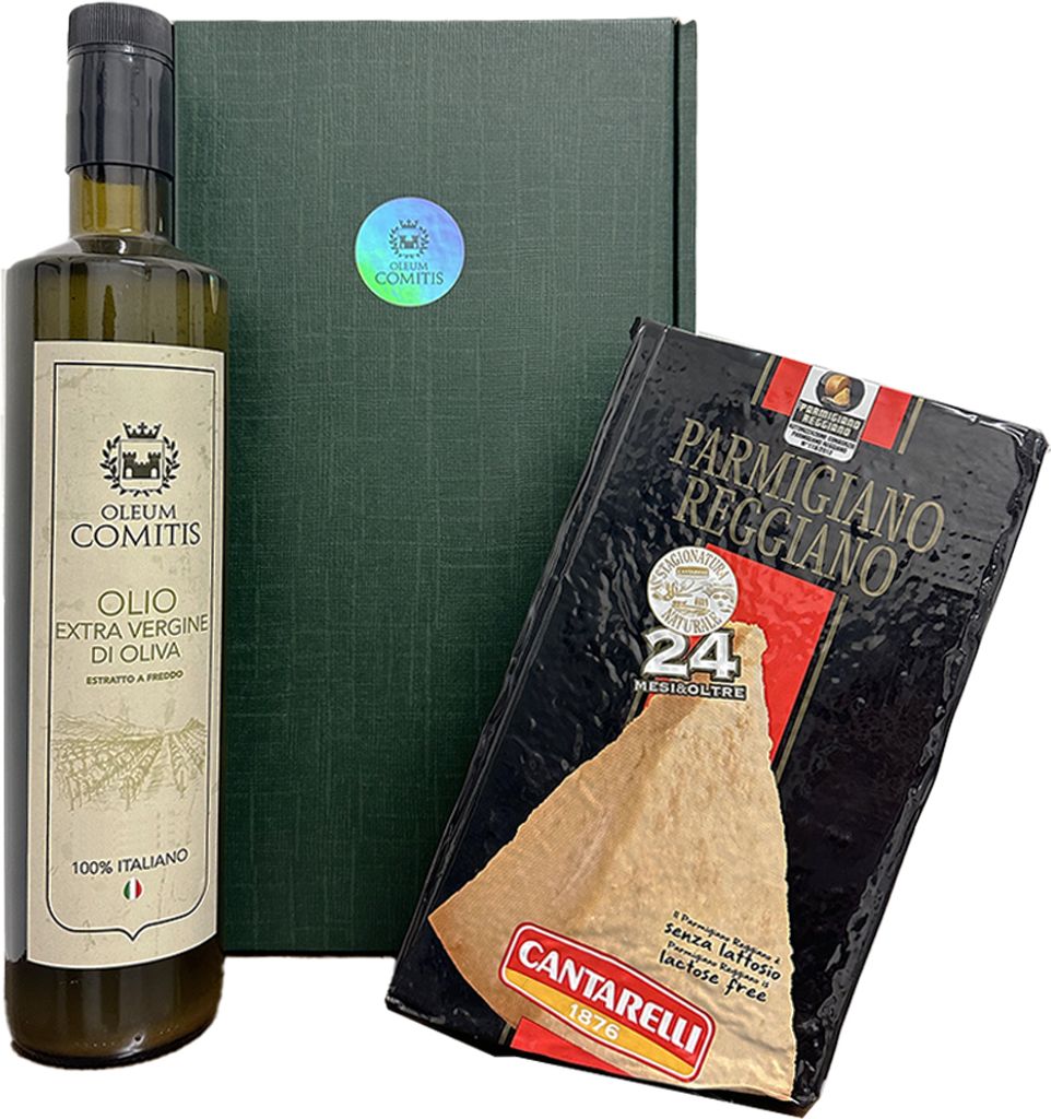Oleum Comitis - Natives Olivenöl Extra 100% Italienisch - Geschenkbox mit 750 ml Flasche und Parmigiano Reggiano DOP Cantarelli 24 Monate